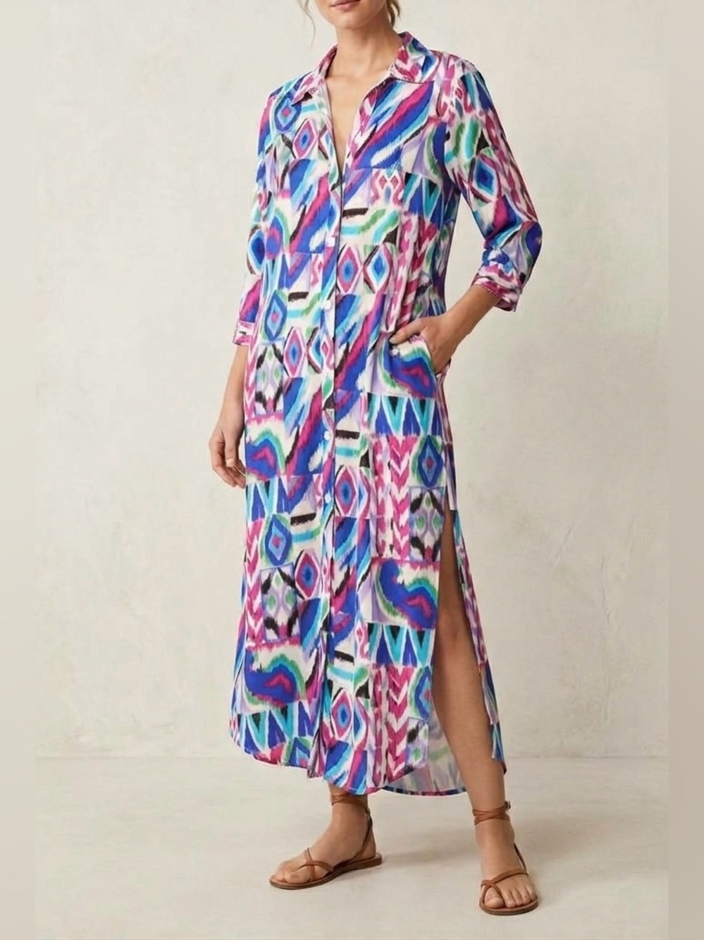ZARA Multicolor Geometric Print Maxi Shirt Dress Size M Long Sleeve Boho Hippie